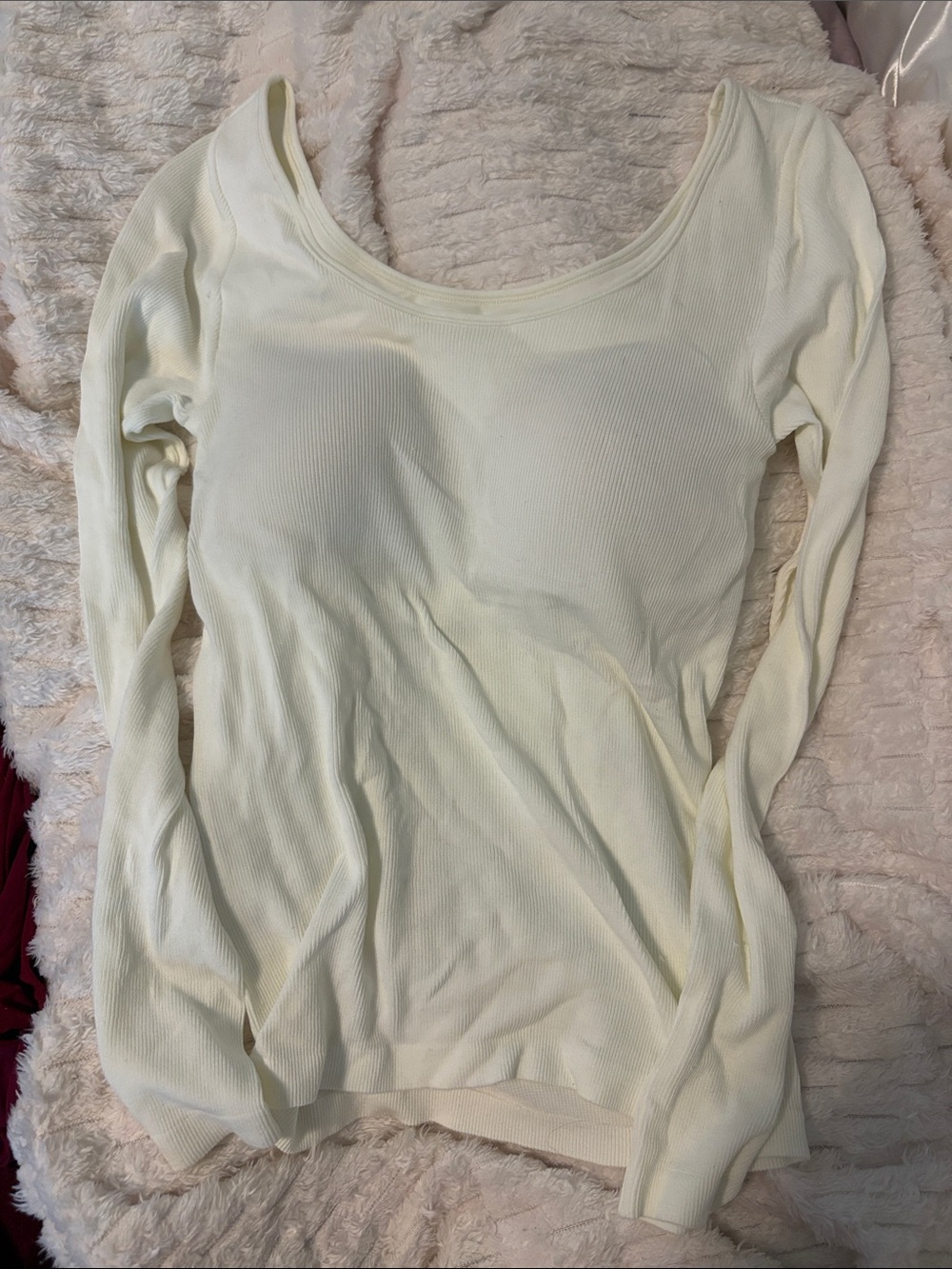 Uniqlo Cream Ribbed Long Sleeve Scoop Neck Top with Built-in Bra